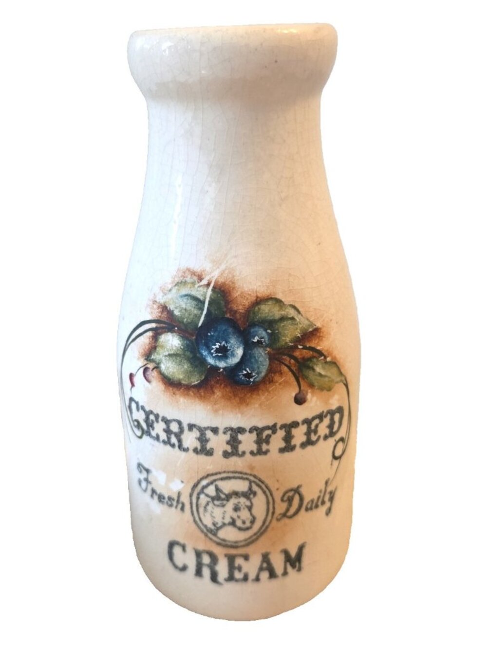 Hand Painted Vintage Milk Bottle  Blueberries Certified Cream Dairy AS IS